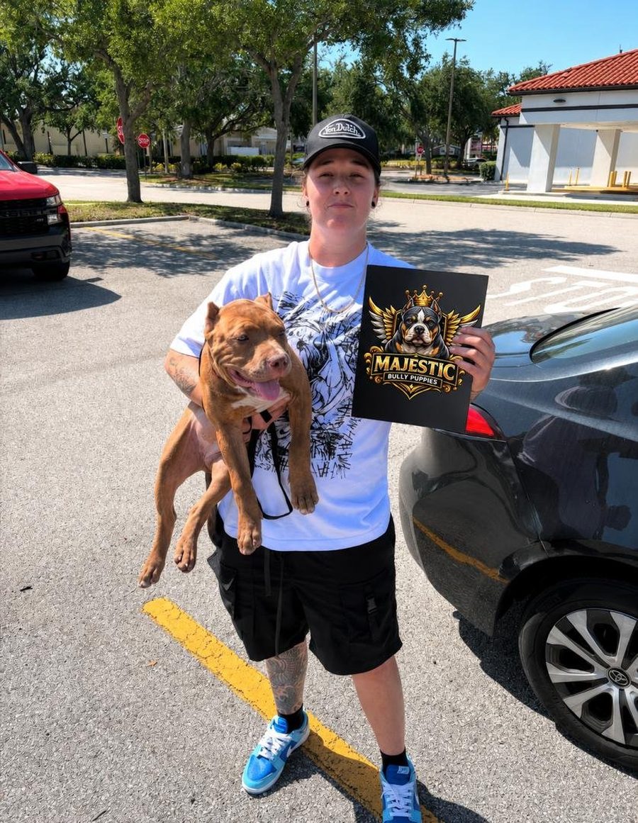 A new owner in Florida holding her red American Bully after collection